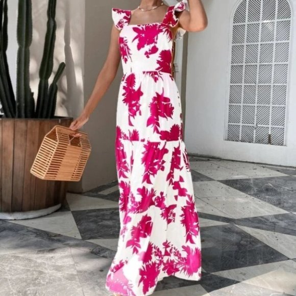 pink floral butterfly sleeve ruffle hem tie back dress - Picture 7 of 8